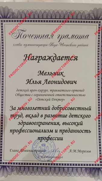 грамота Екатеринбургской городской думы Мельник И. Л. - грамота Екатеринбургской городской думы