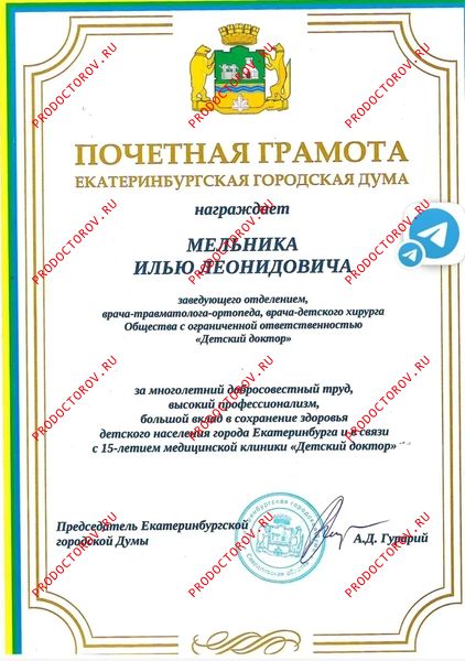 грамота Екатеринбургской городской думы Мельник И. Л. - грамота Екатеринбургской городской думы