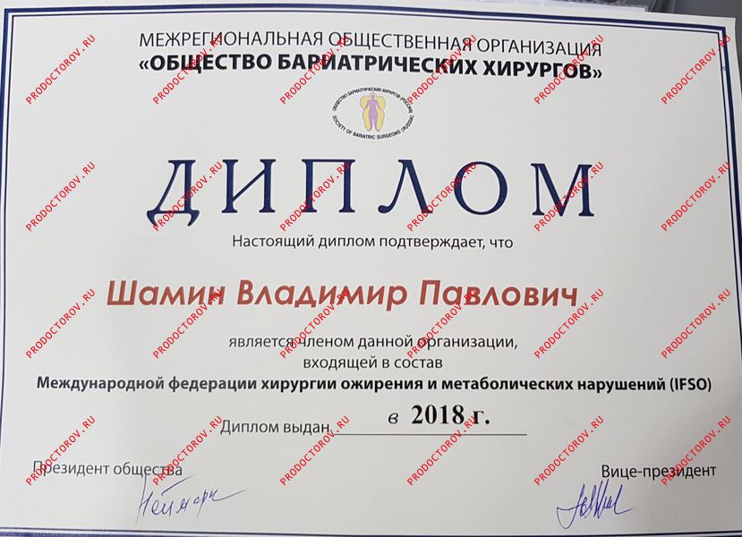 Шамин В. П. - Диплом члена общества бариатрических хирургов России