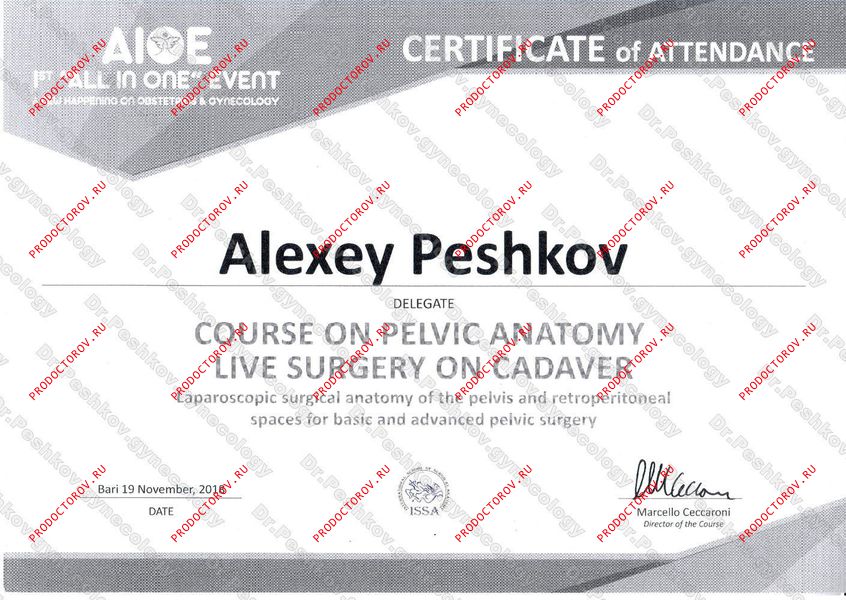 Пешков А. А. - Сертификат участника курса по тазовой анатомии и живой хирургии на кадавре