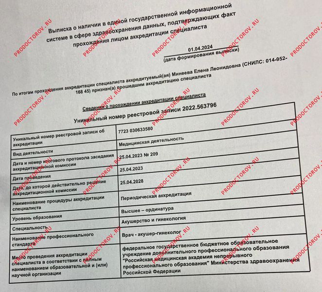 Свидетельство об аккредитации Минеева Е. Л. - Свидетельство об аккредитации