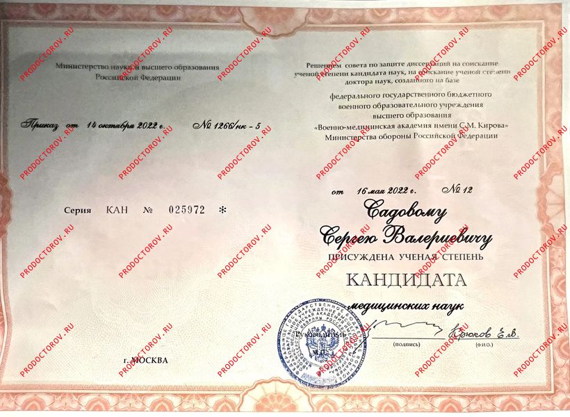 Диплом кандидата медицинских наук Садовой С. В. - Диплом кандидата медицинских наук