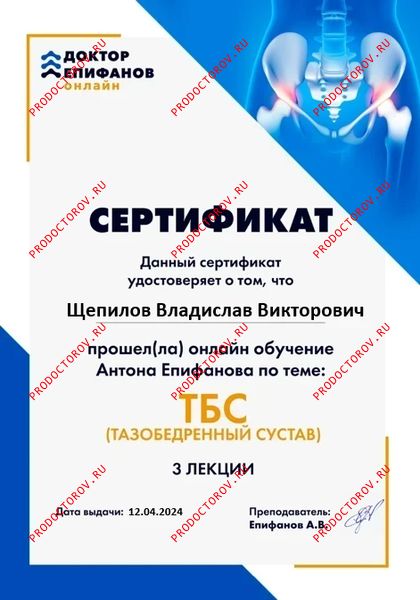 Сертификат об обучении на курсе "Тазобедренный сустав" Щепилов В. В. - Сертификат об обучении на курсе "Тазобедренный сустав"